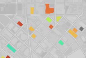 Apartment buildings displayed over a map of seattle